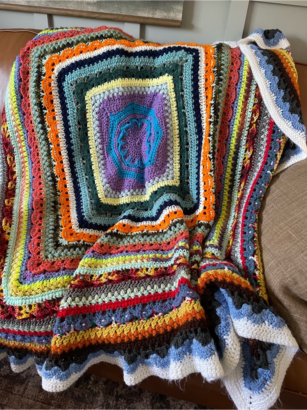 Handmade Multicolor Crochet Throw Blanket 64 x 64 Kaleidoscopes Afghan Roseann